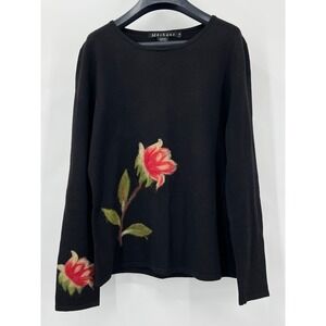 Vtg Y2K Mechant Women's M Black V-Neck Top Felted Roses Boho Cottagecore Floral